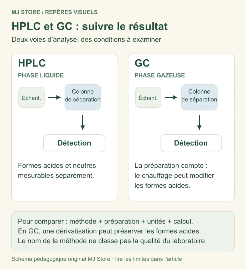 Analyse CBD par HPLC et GC : séparation, détection et précautions de lecture des formes acides et neutres.