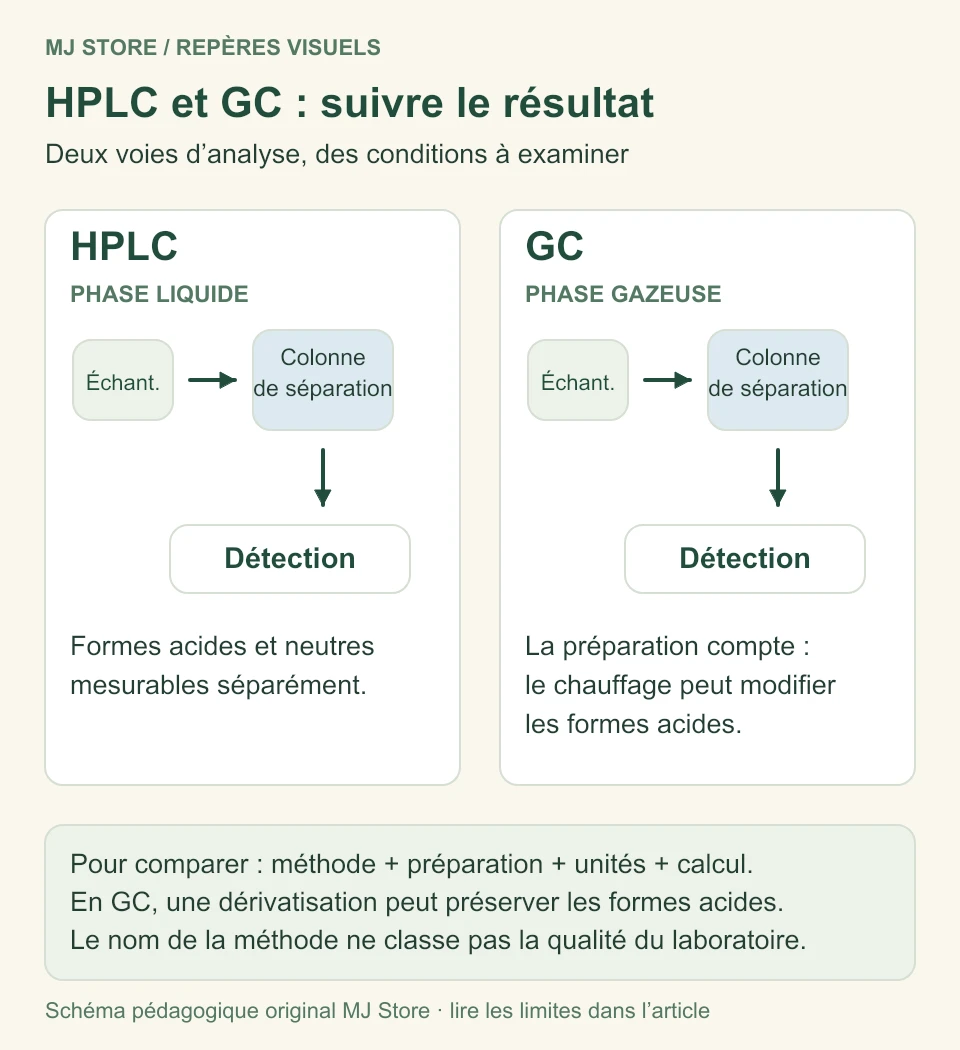 Analyse CBD par HPLC et GC : séparation, détection et précautions de lecture des formes acides et neutres.