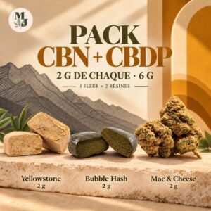 Pack CBN + CBDP de 6 g : Yellowstone à gauche, Bubble Hash au centre et Mac & Cheese à droite, 2 g de chaque