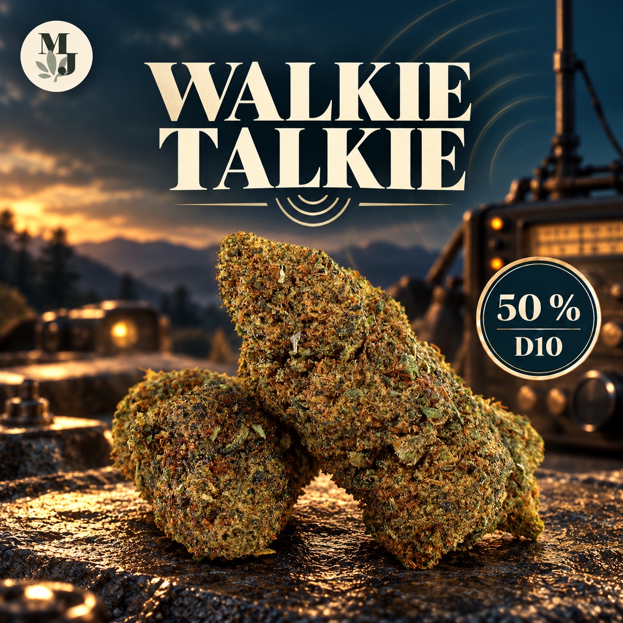 Walkie Talkie D10 50 %, fleur MJ Store présentée dans un décor radio bleu pétrole