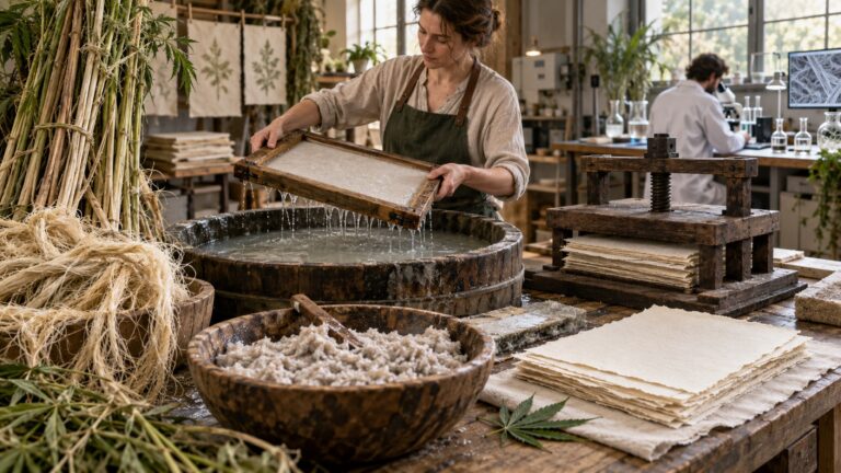 Fibres de chanvre transformées en pâte puis en feuilles de papier dans un atelier associant fabrication traditionnelle et recherche moderne