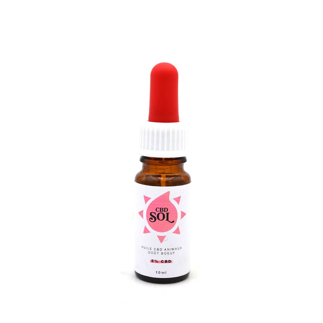 Flacon CBDSOL de 10 ml à 5 % CBD, goût bœuf, publié dans la fiche de rappel pour chien.