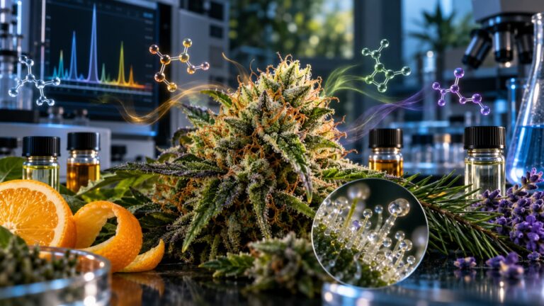 Fleur de cannabis, trichomes, agrumes, pin et lavande dans un laboratoire d’analyse des terpènes