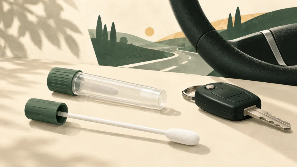 Illustration d’un écouvillon de prélèvement salivaire, d’un tube et d’une clé de voiture.