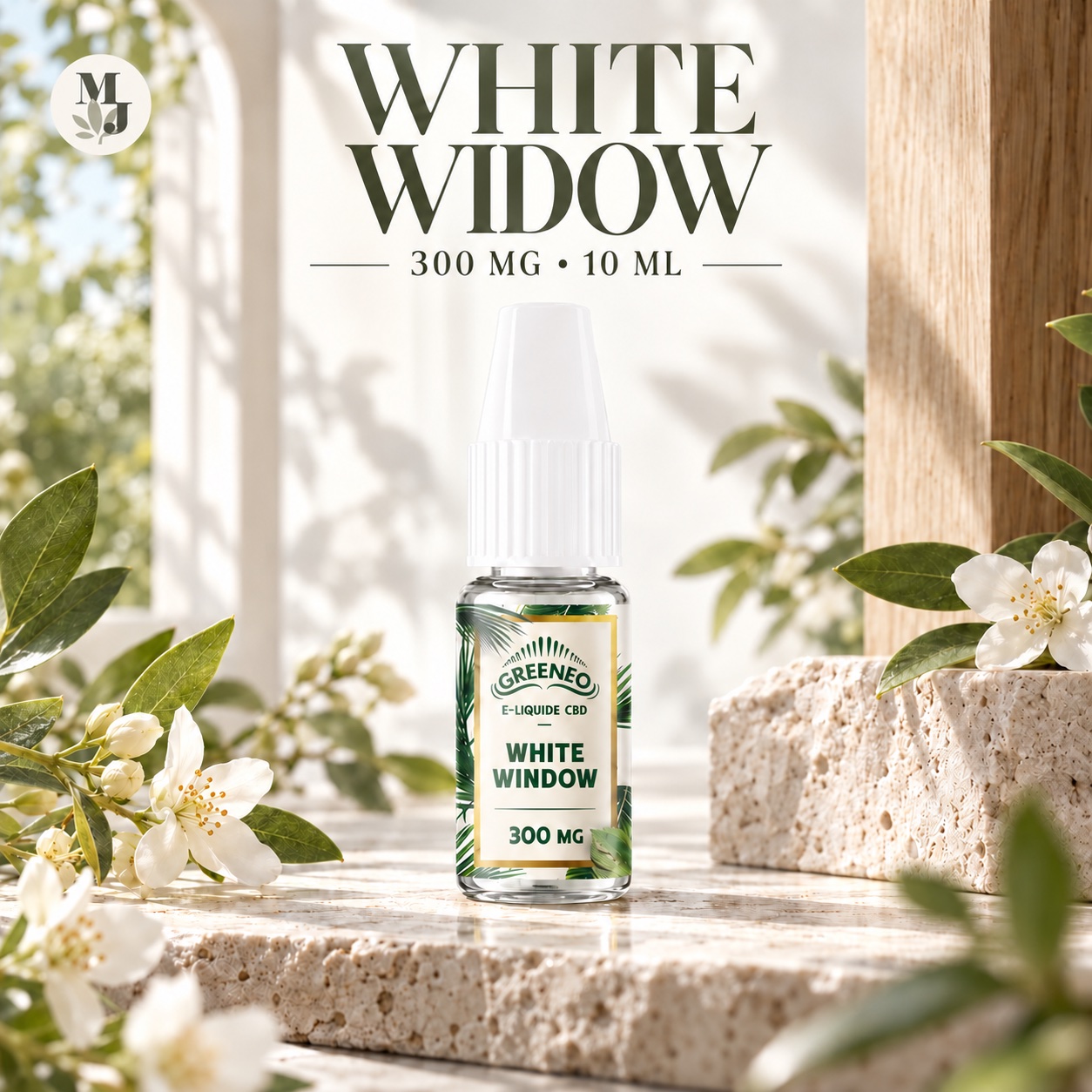 White Widow Greeneo — e-liquide CBD 300 mg, flacon 10 ml avec étiquette White Window et logo MJ Store