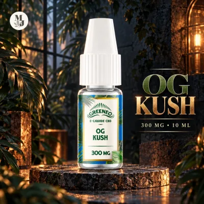 OG Kush Greeneo &mdash; e-liquide CBD 300 mg, flacon 10 ml avec logo MJ Store
