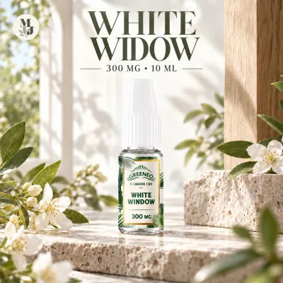 White Widow Greeneo &mdash; e-liquide CBD 300 mg, flacon 10 ml avec &eacute;tiquette White Window et logo MJ Store